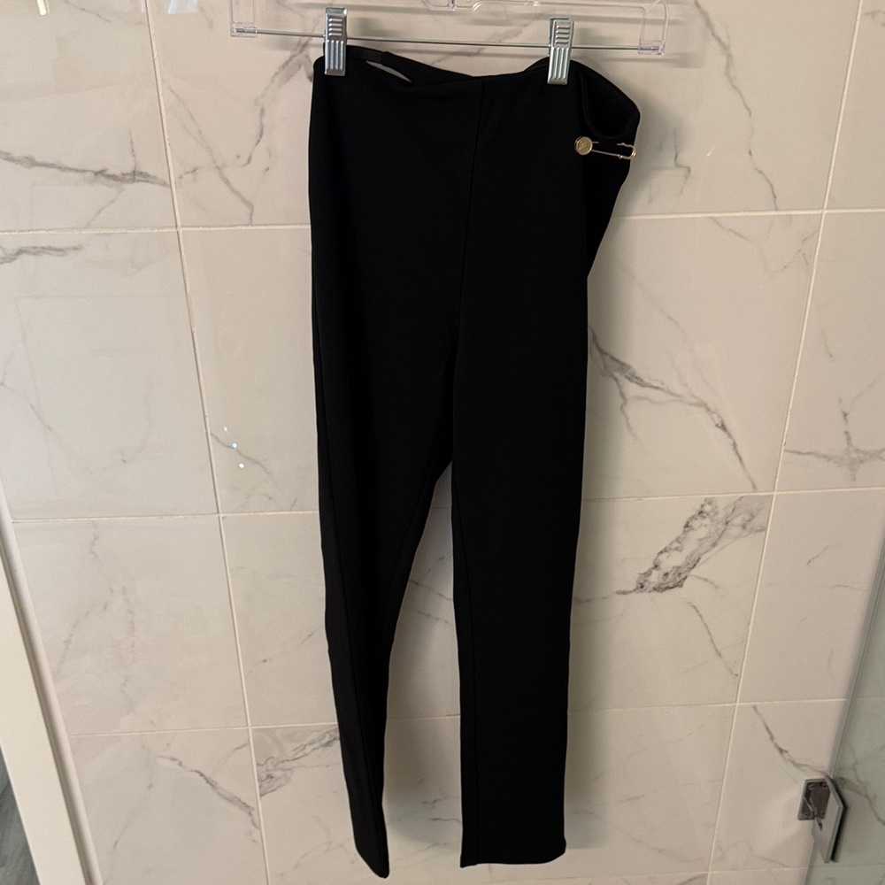 Black Slim Ponte Leggings with Gold Button Detail and Separate Hip Strap